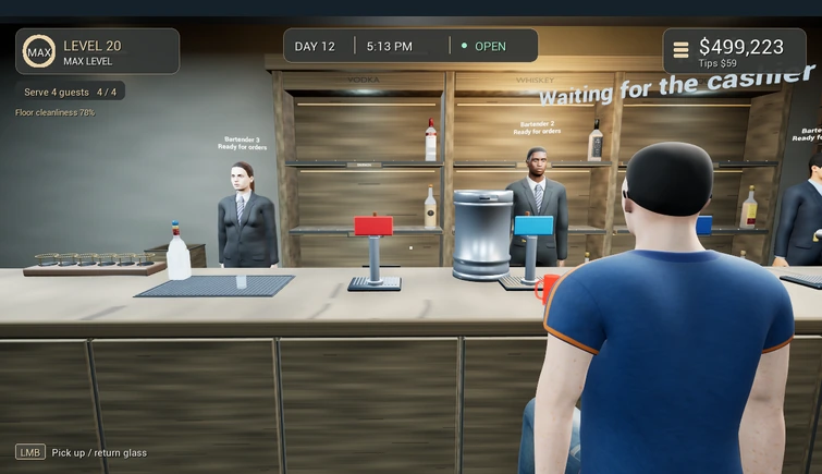 Actual Last Call gameplay showing the bar, shelving, staff and player character